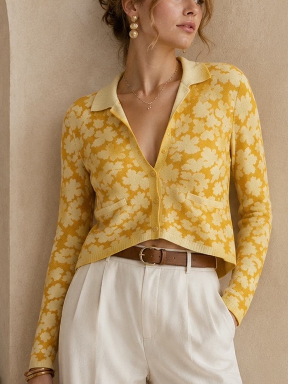 Anthropologie Golden Yellow Flower Power Button-Down V-Neck Knit Cardigan